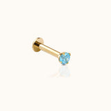 14K Solid Gold 2mm Aquamarine CZ Threadless Labret Flat Back Nap Earring by Doviana