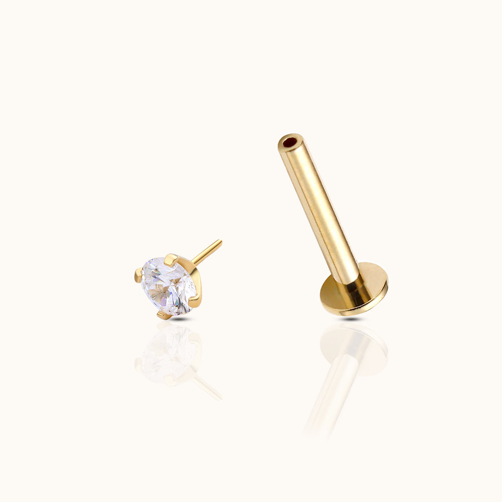 14K Solid Gold 2mm CZ Threadless Labret Flat Back Nap Earring by Doviana