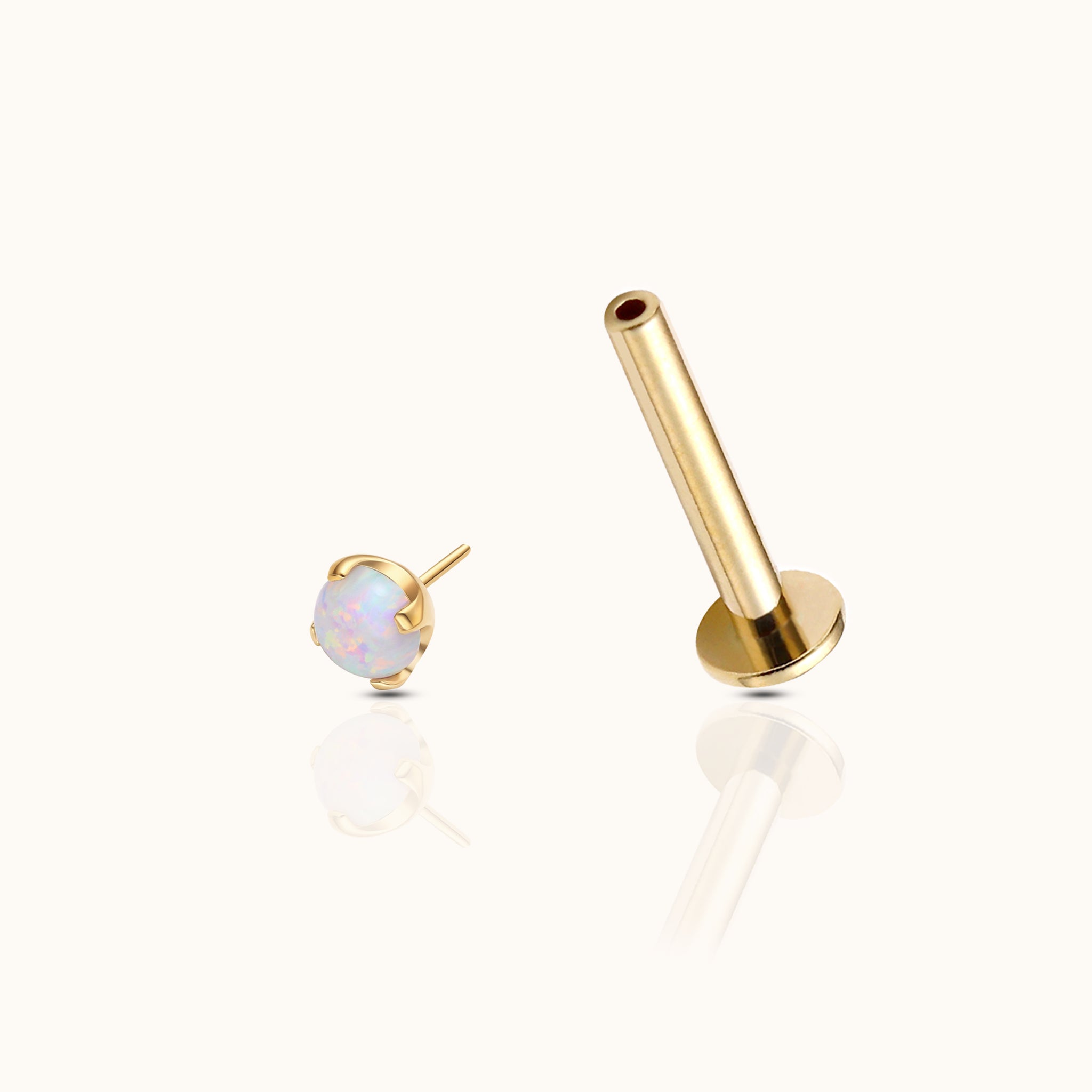 14K Solid Gold 2mm Opal Threadless Labret Flat Back Nap Earring