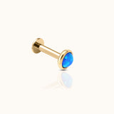 14K Solid Gold 3mm Ocean Blue Opal Bezel Set Threadless Labret Flat Back Earring by Doviana
