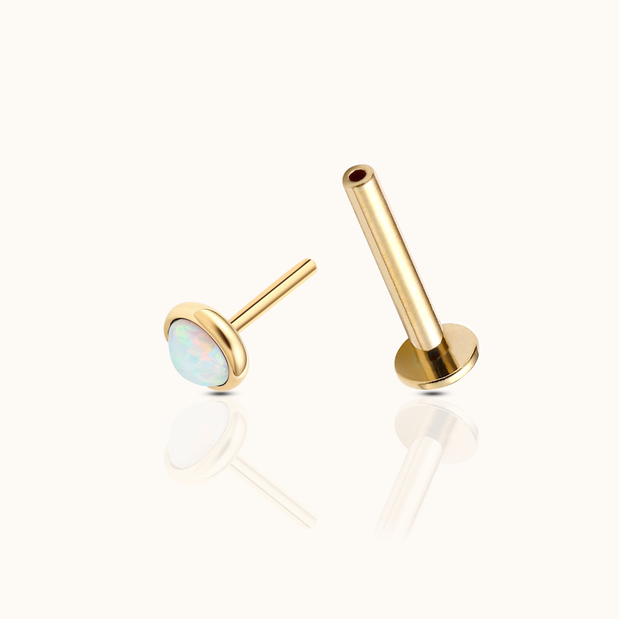 14K Solid Gold 3mm Opal Bezel Set Threadless Labret Flat Back Earring by Doviana