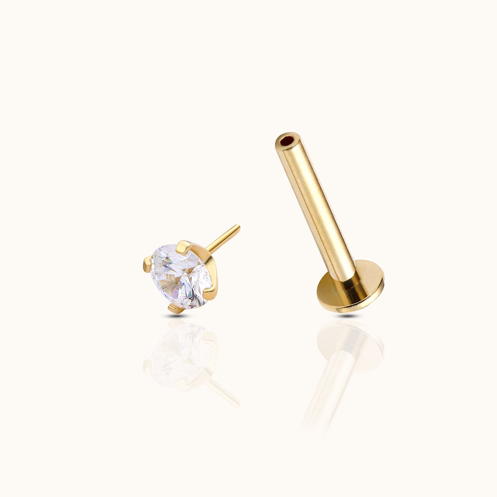 14K Solid Gold 3mm White CZ Threadless Labret Flat Back Nap Earring by Doviana