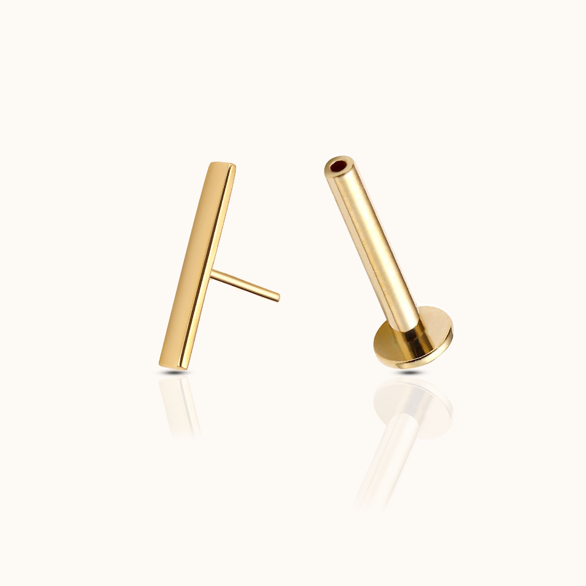 14K Solid Gold Bar Threadless Labret Flat Back Push Back Nap Earring by Doviana