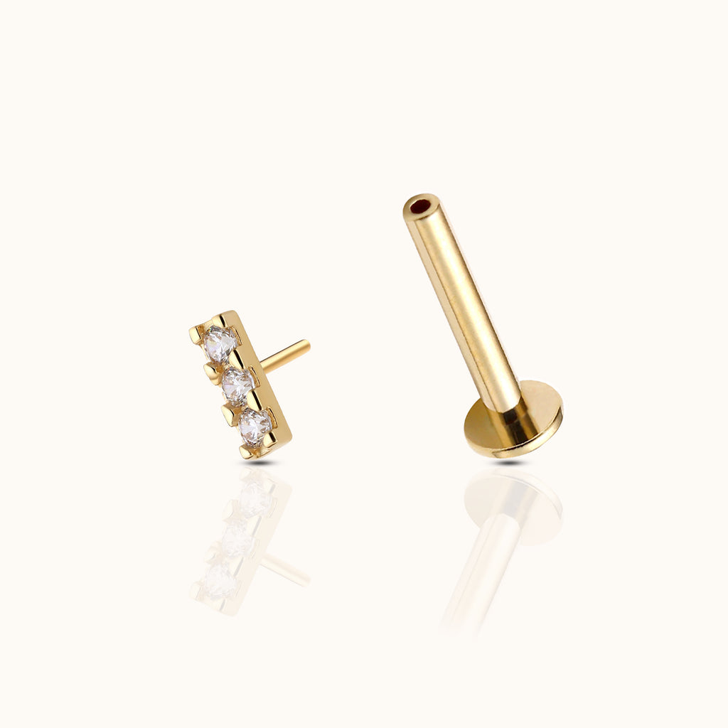 14K Solid Gold Bar Triple CZ Threadless Labret Flat Back Earring by Doviana