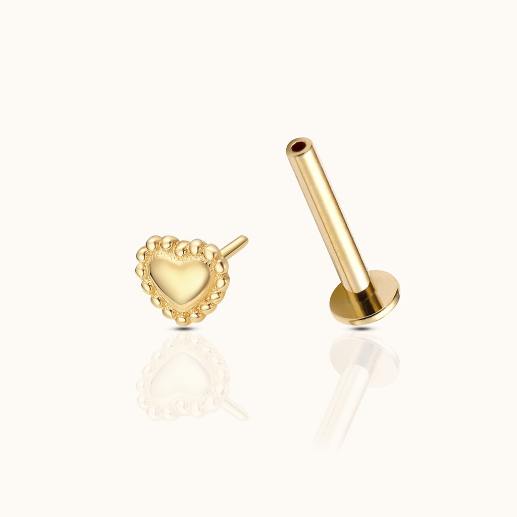 14K Solid Gold Bead Heart Threadless Labret Flat Back Nap Earring by Doviana