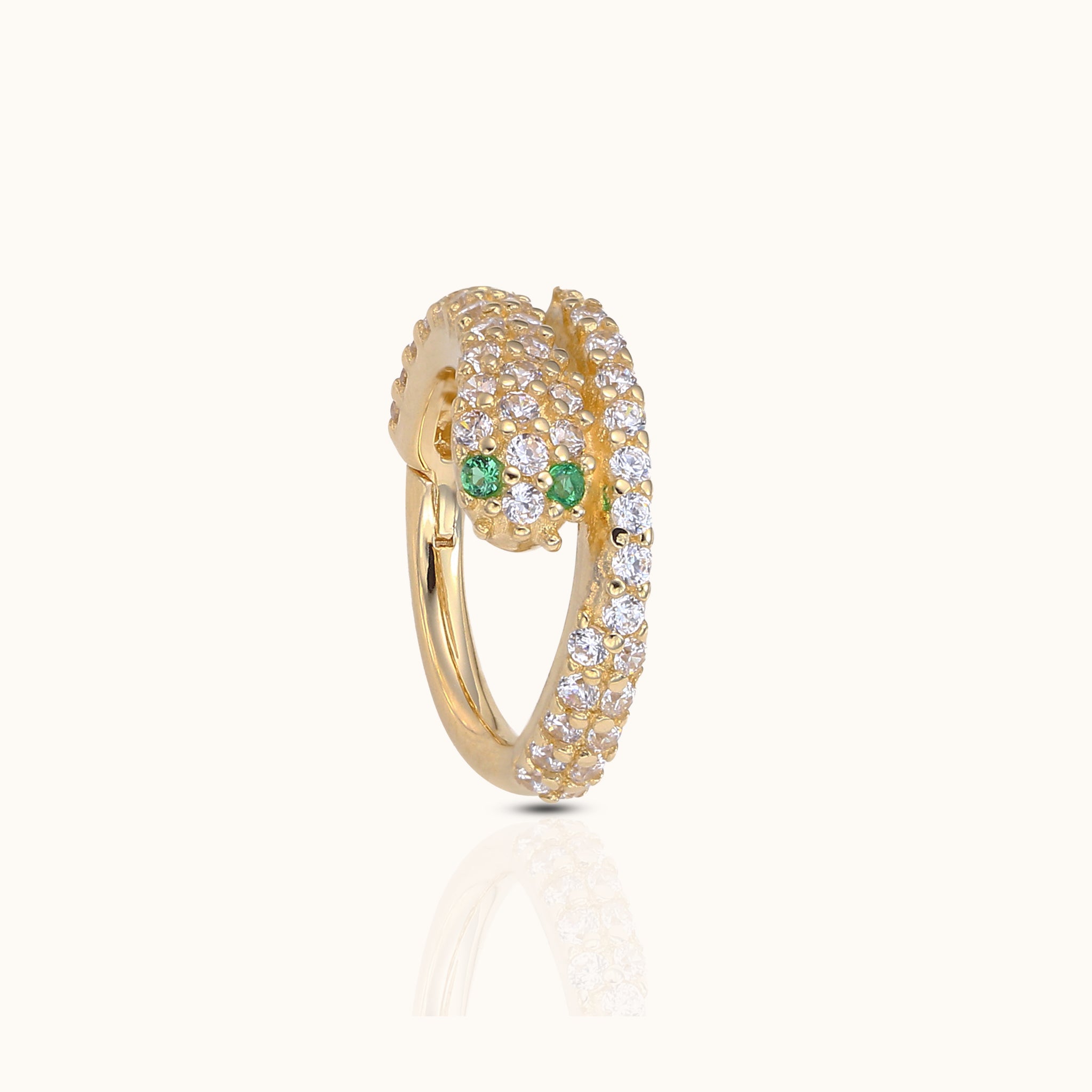 14K Solid Gold CZ Snake with Green Eyes Clicker Hoop Earring by Doviana