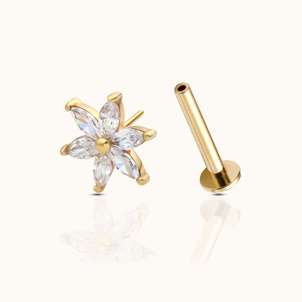 14K Solid Gold Daisy Floral Threadless Labret Flat Back Nap Earring