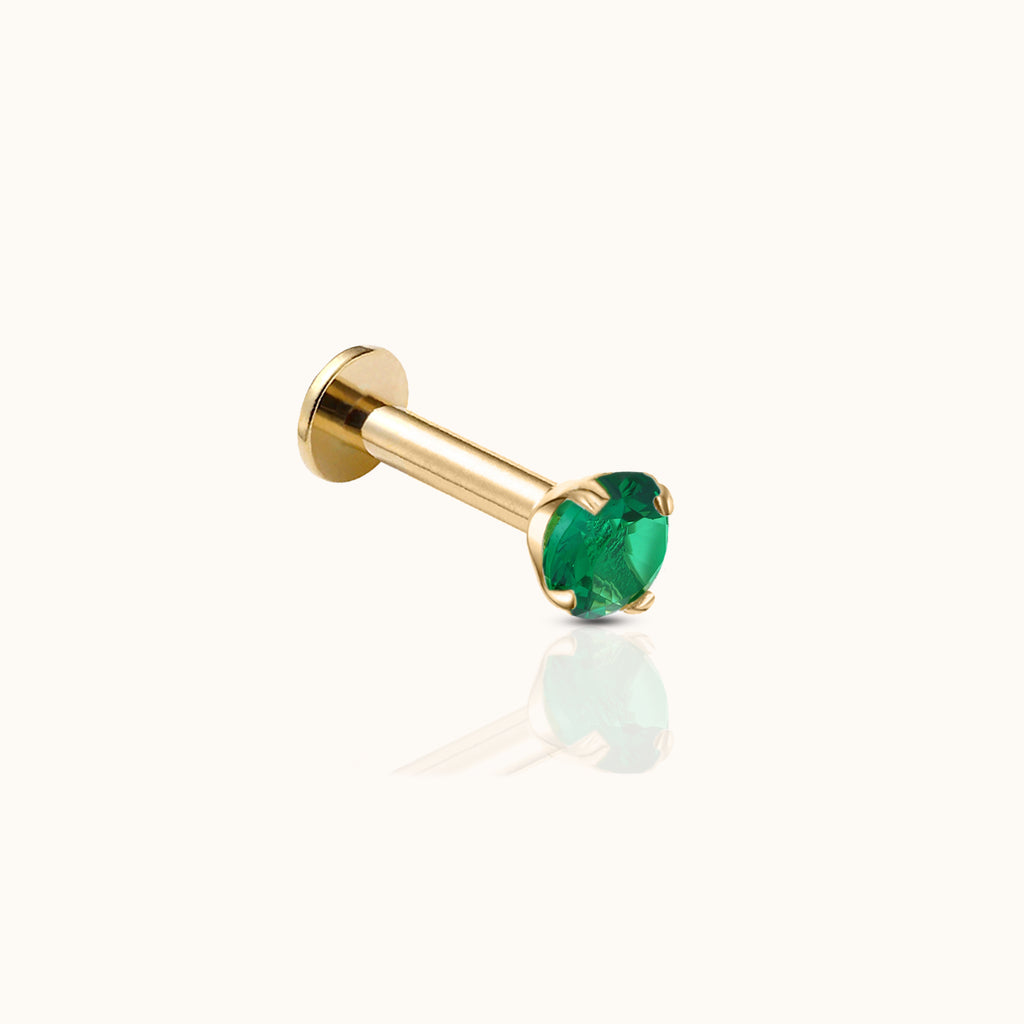 14K Solid Gold 3mm Emerald Green CZ Threadless Labret Flat Back Nap Earring by Doviana