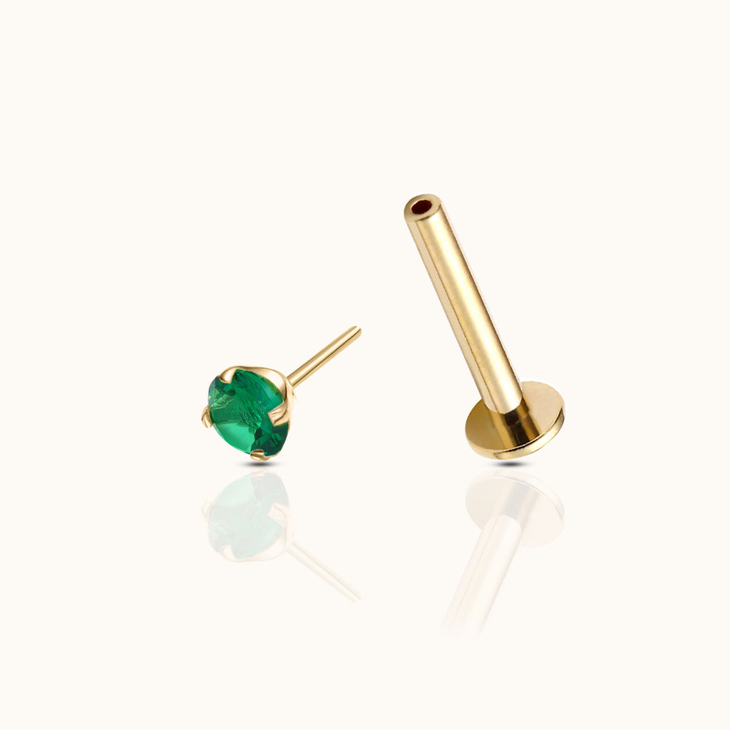 14K Solid Gold 3mm Emerald Green CZ Threadless Labret Flat Back Earring
