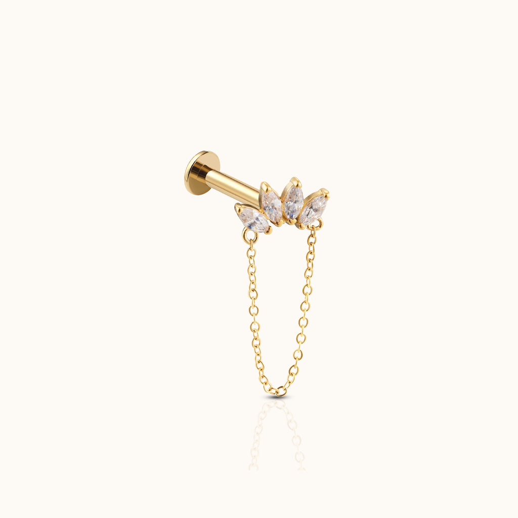 14K Solid Gold Flower Dangle Chain Threadless Labret Flat Back Earring by Doviana
