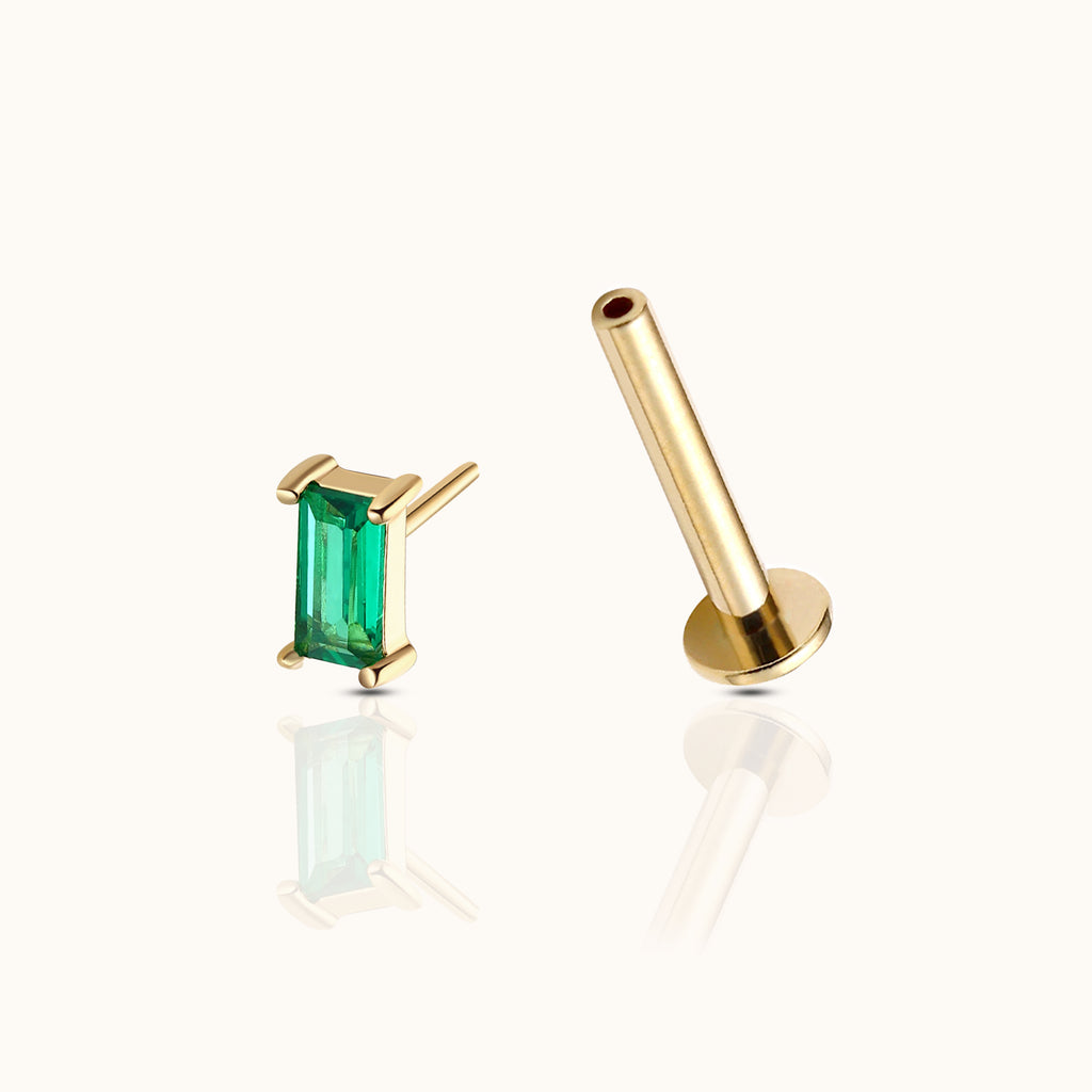 14K Solid Gold Green Square CZ Rectangle Threadless Labret Flat Back Nap Earring by Doviana