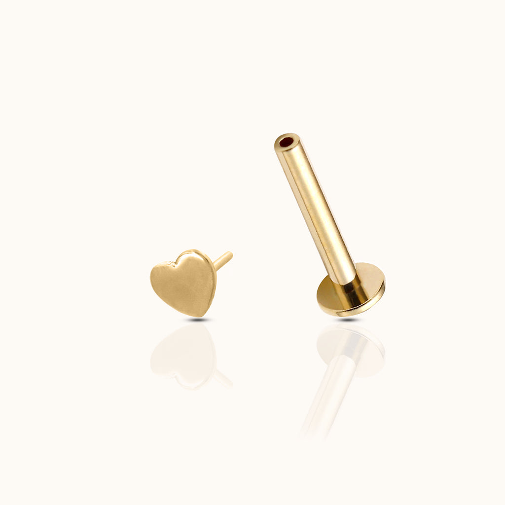 14K Solid Gold Heart Threadless Labret Flat Back Nap Earring by Doviana
