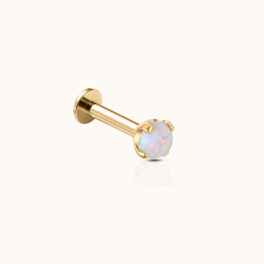 14K Solid Gold Opal Threadless Labret Flat Back Nap Earring with Natural Gemstones by Doviana