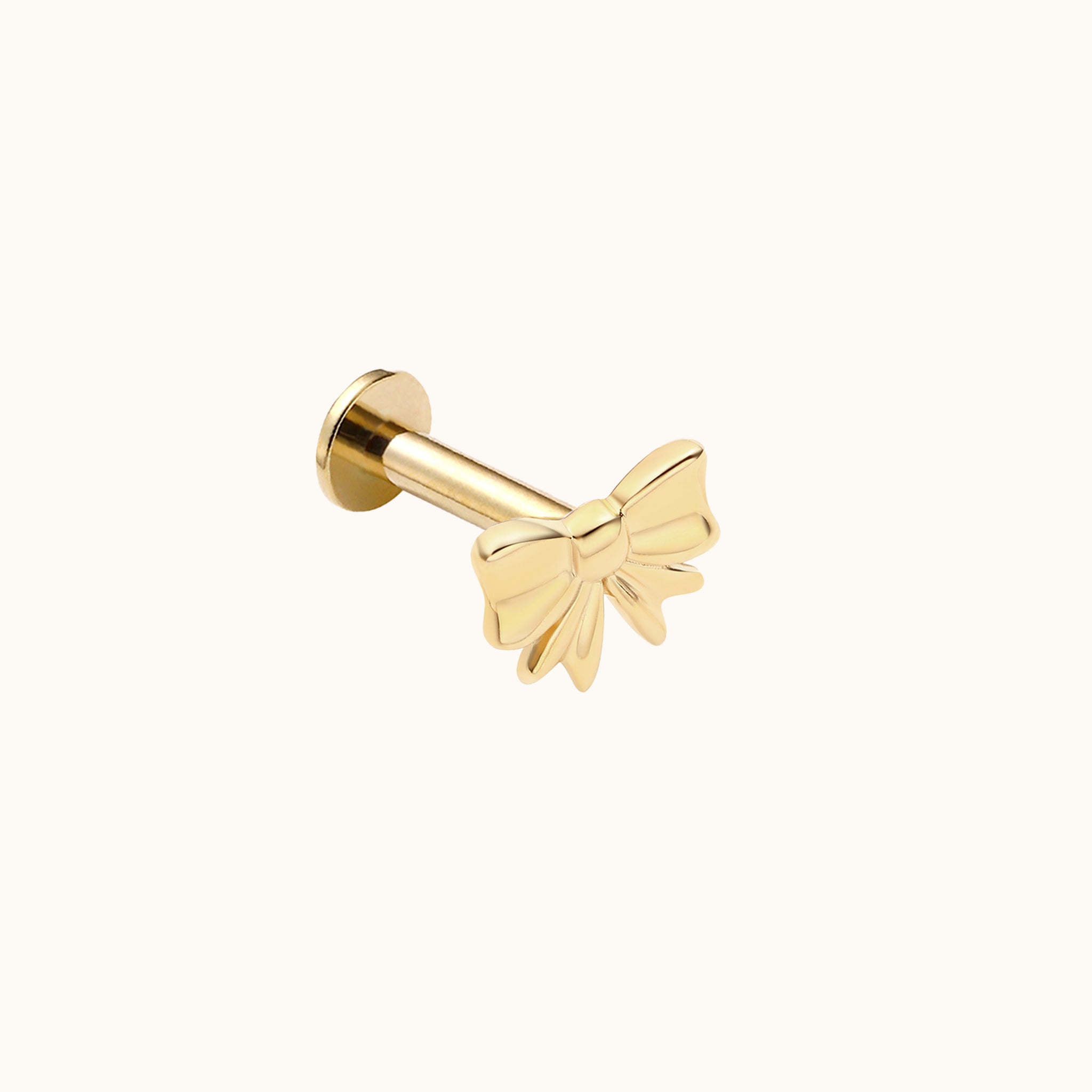 14K Solid Gold Petite Bow Threadless Labret Flat Back Earring by Doviana