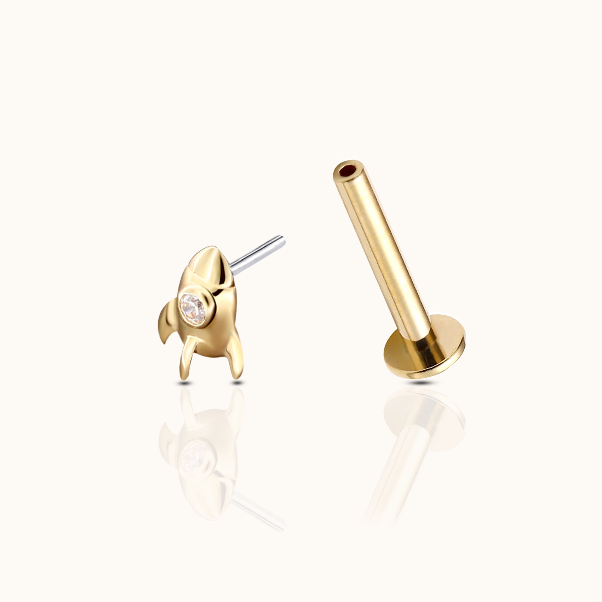 14K Solid Gold Petite Rocket Threadless Labret Flat Back Earring by Doviana