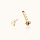 14K Solid Gold Petite Star Celestial Threadless Labret Flat Back Nap Earring by Doviana