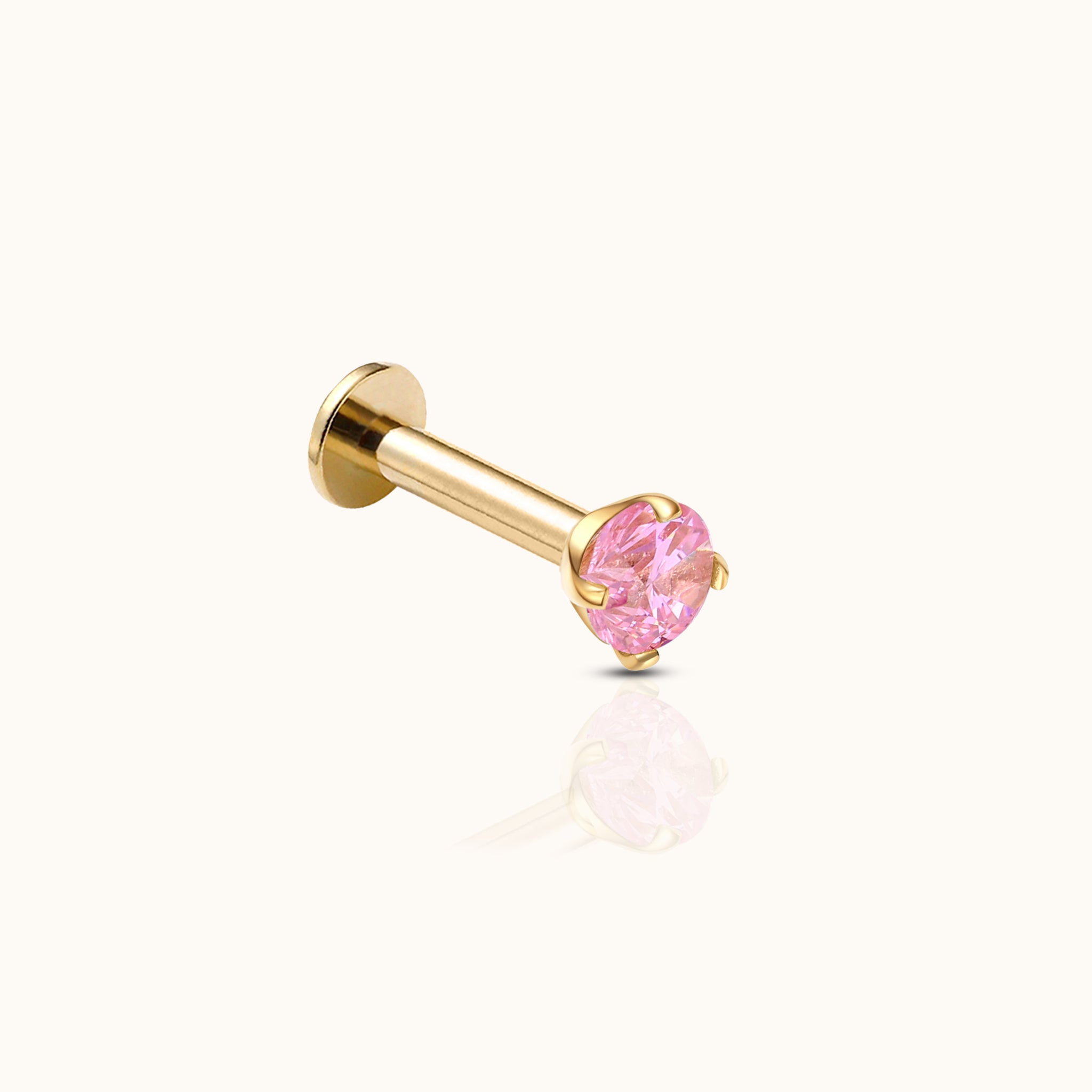14K Solid Gold 3mm Pink CZ Threadless Labret Flat Back Nap Earring by Doviana