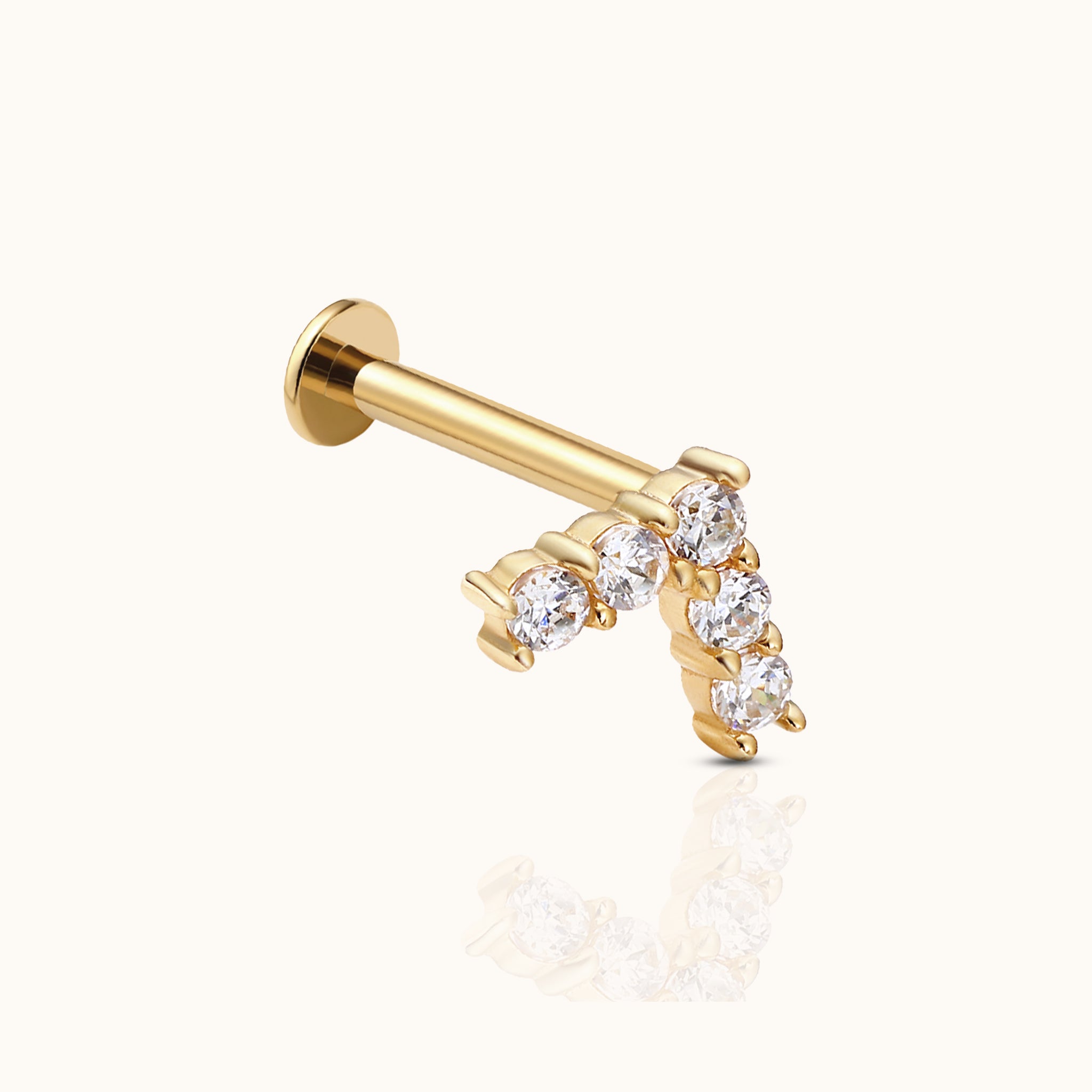 14K Solid Gold Right Angle CZ Threadless Labret Flat Back Nap Earring by Doviana