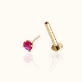 14K Solid Gold 3mm Ruby CZ Threadless Labret Flat Back Push Back Nap Earring by Doviana