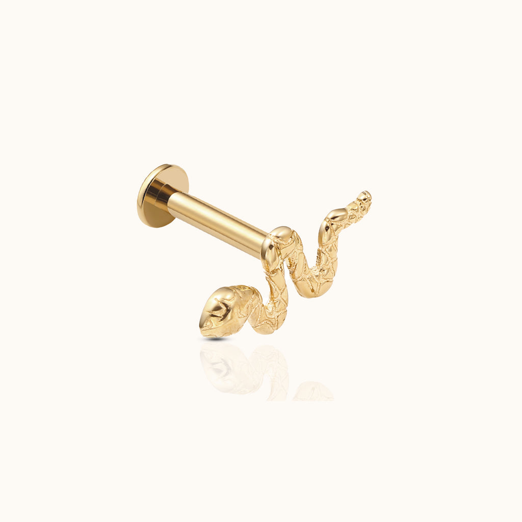 14K Solid Gold Snake Threadless Labret by Single Flat Back Nap Earring by Doviana