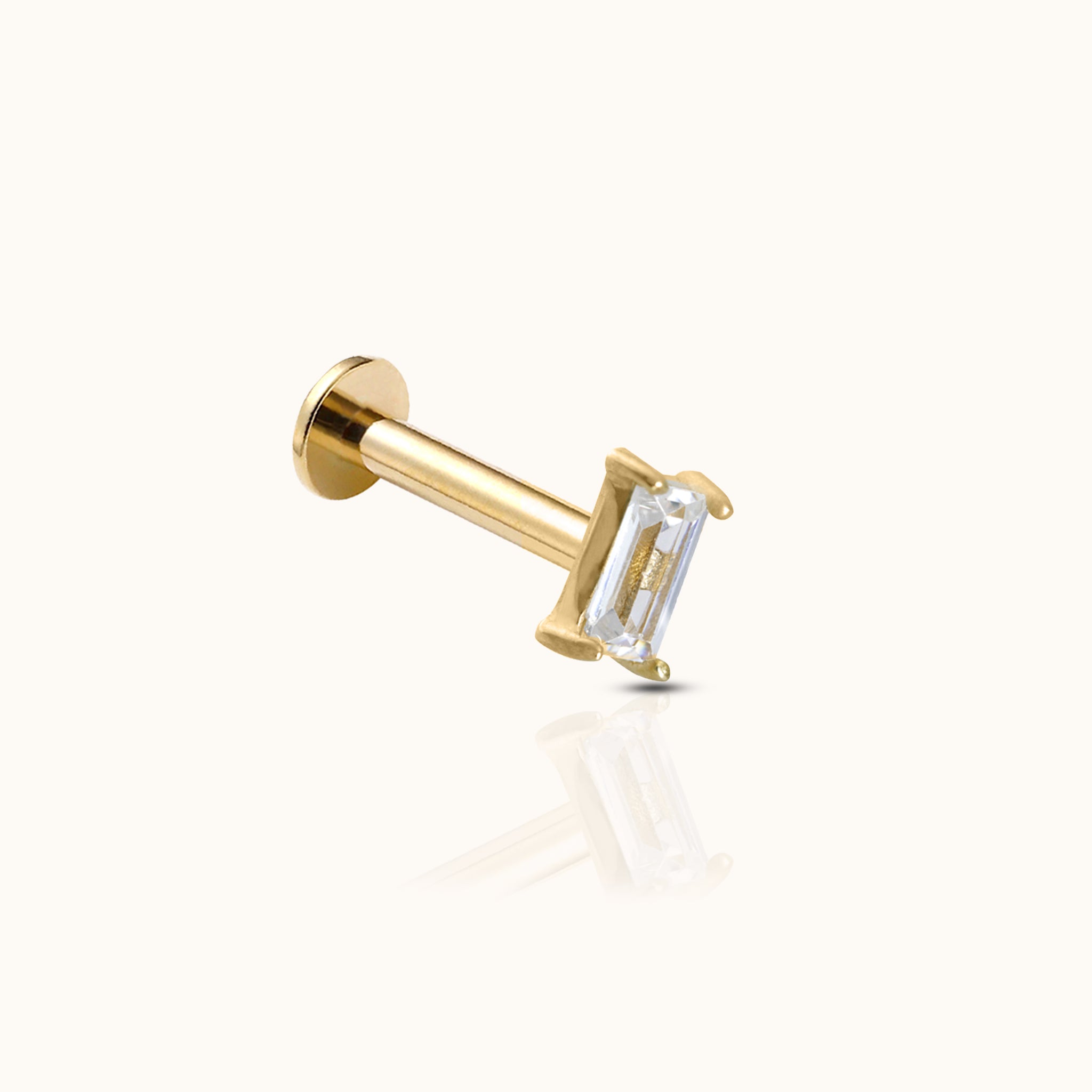 14K Solid Gold Square CZ Threadless Labret Flat Back Nap Earring by Doviana