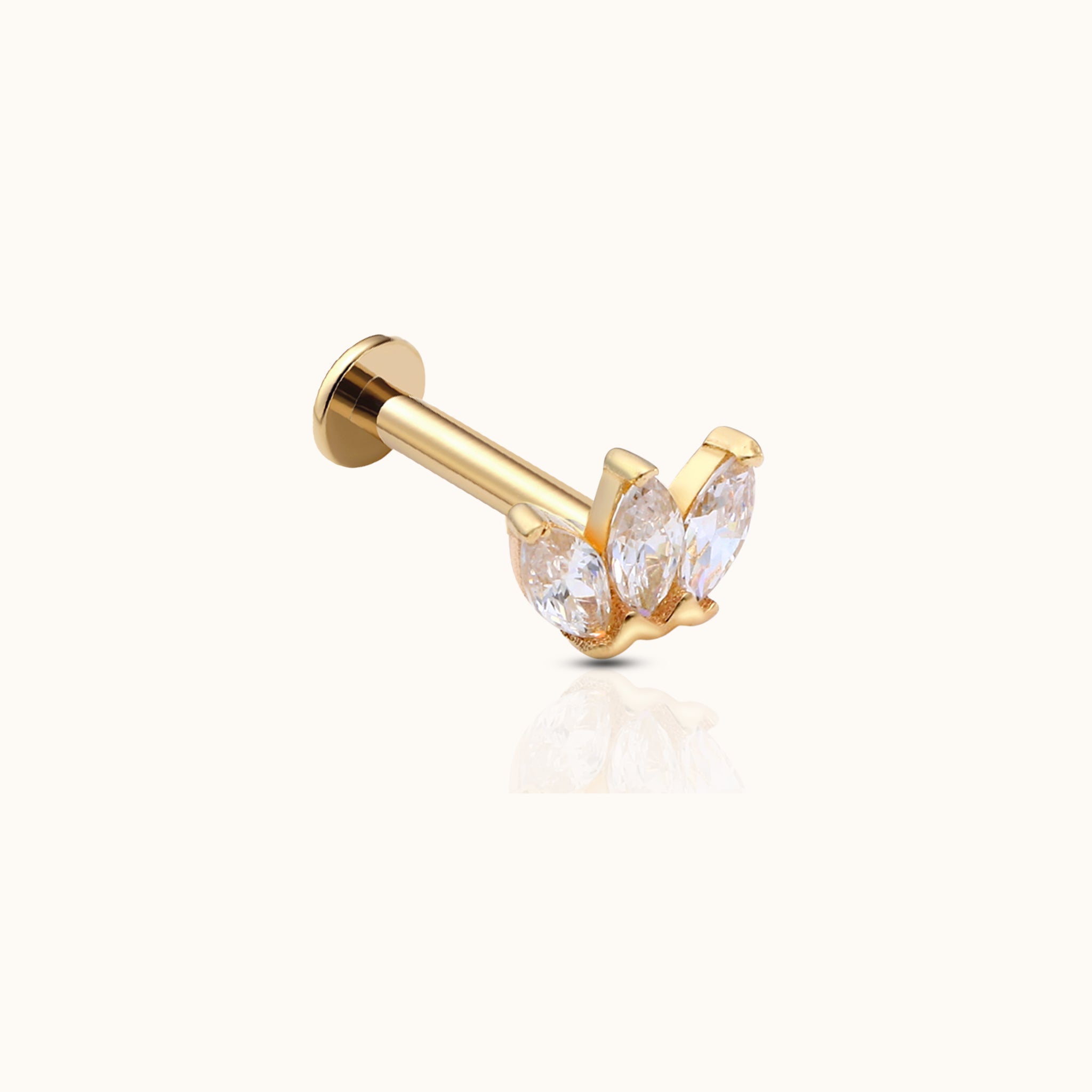 14K Solid Gold Trefoil CZ Flower Threadless Labret Flat Back Nap Earring by Doviana