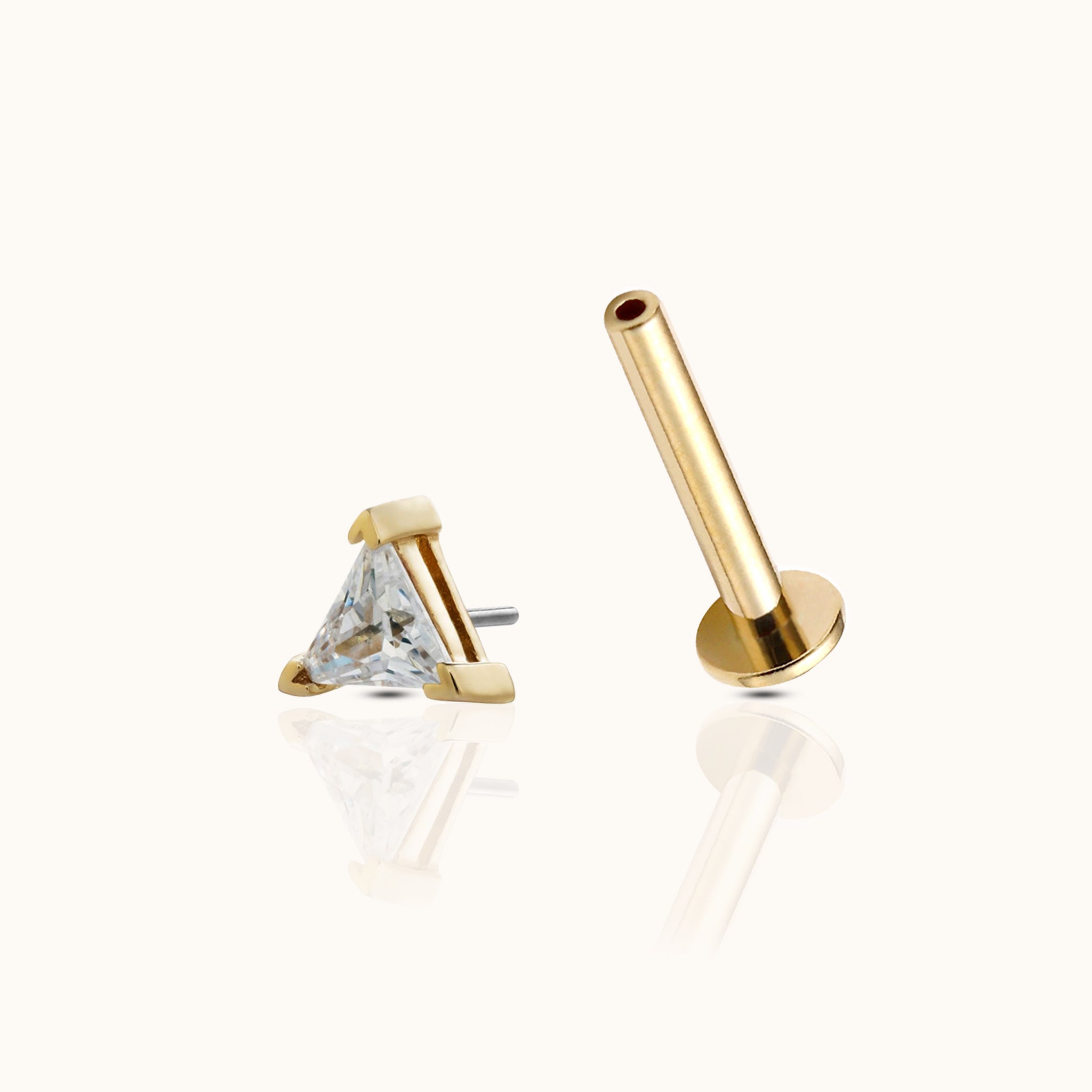 14K Solid Gold Triangle CZ Threadless Labret Flat Back Earring by Doviana