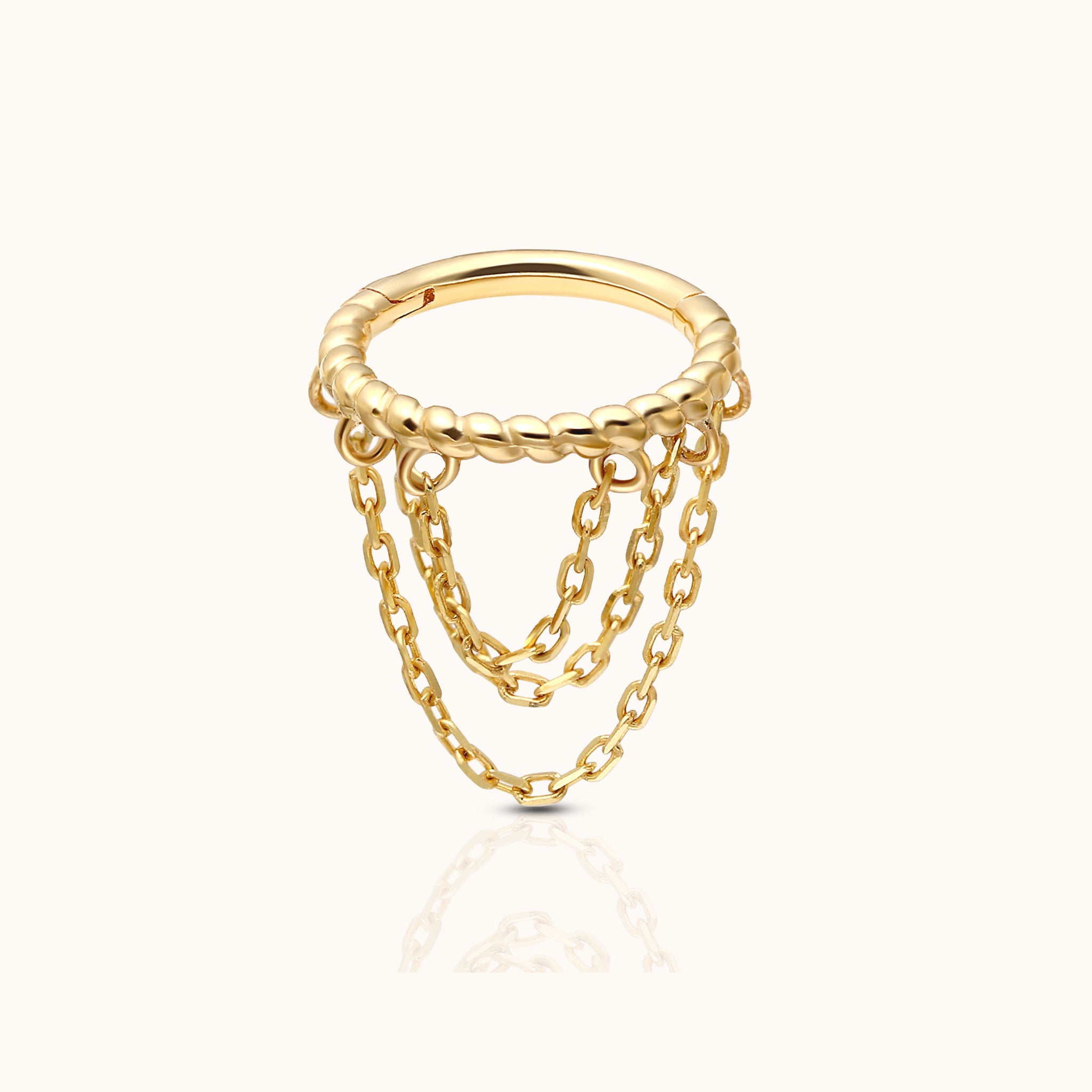14K Solid Gold Triple Layered Tassel Chain Clicker Dangle Hoop Earring by Doviana