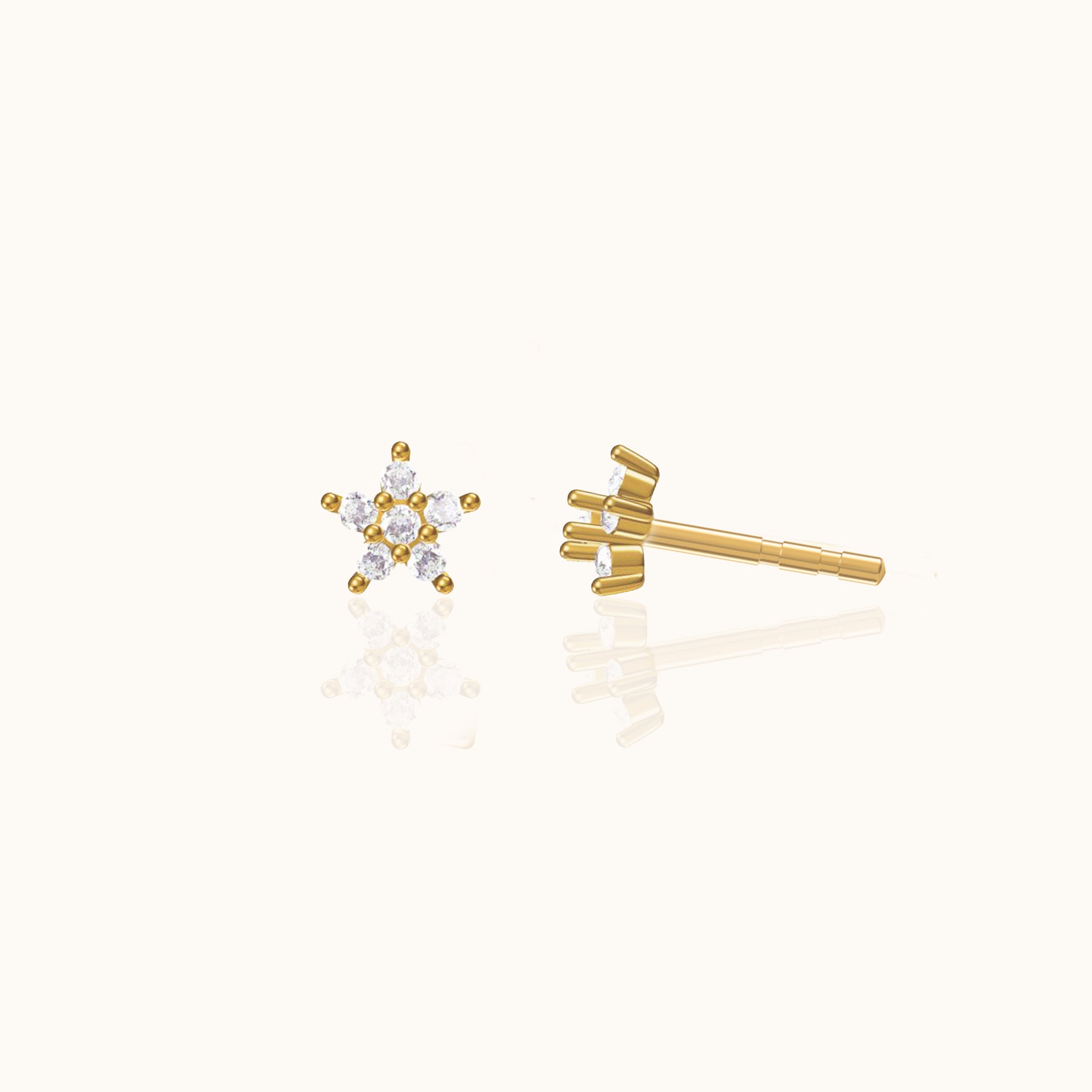 CZ Cherry Blossom Studs Gold Tiny Floral Petite Flower Petal Star Earrings by Doviana