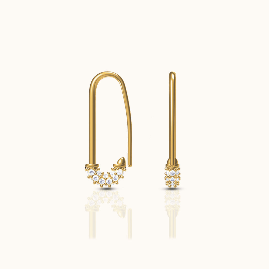 CZ Safety Pin Earrings 18K Gold Polished Pin Drop Cartilage Huggie Hoops by Doviana