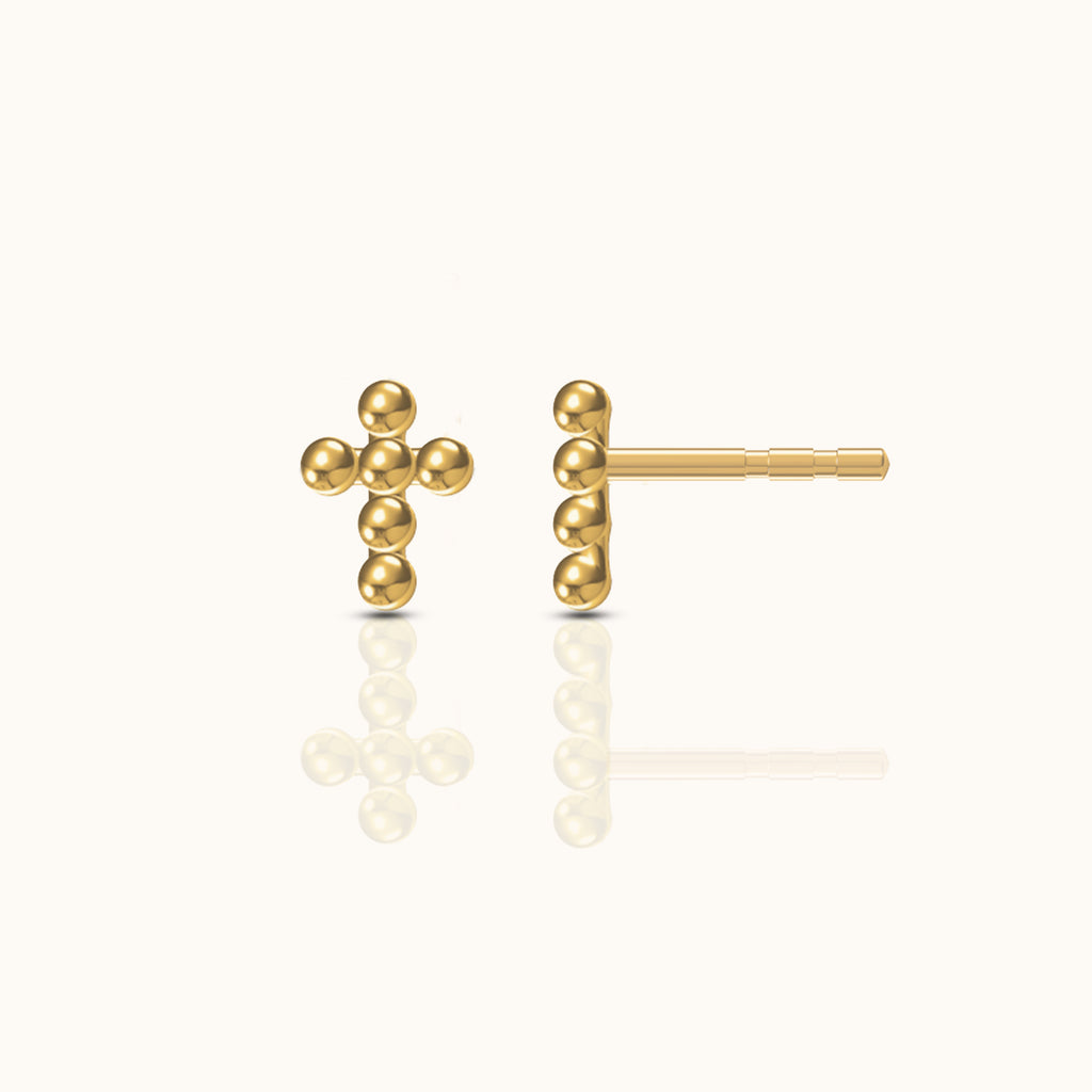Cross Beaded Stud Earrings Gold Mini Solid Bead Classic Tiny Cross Studs by Doviana