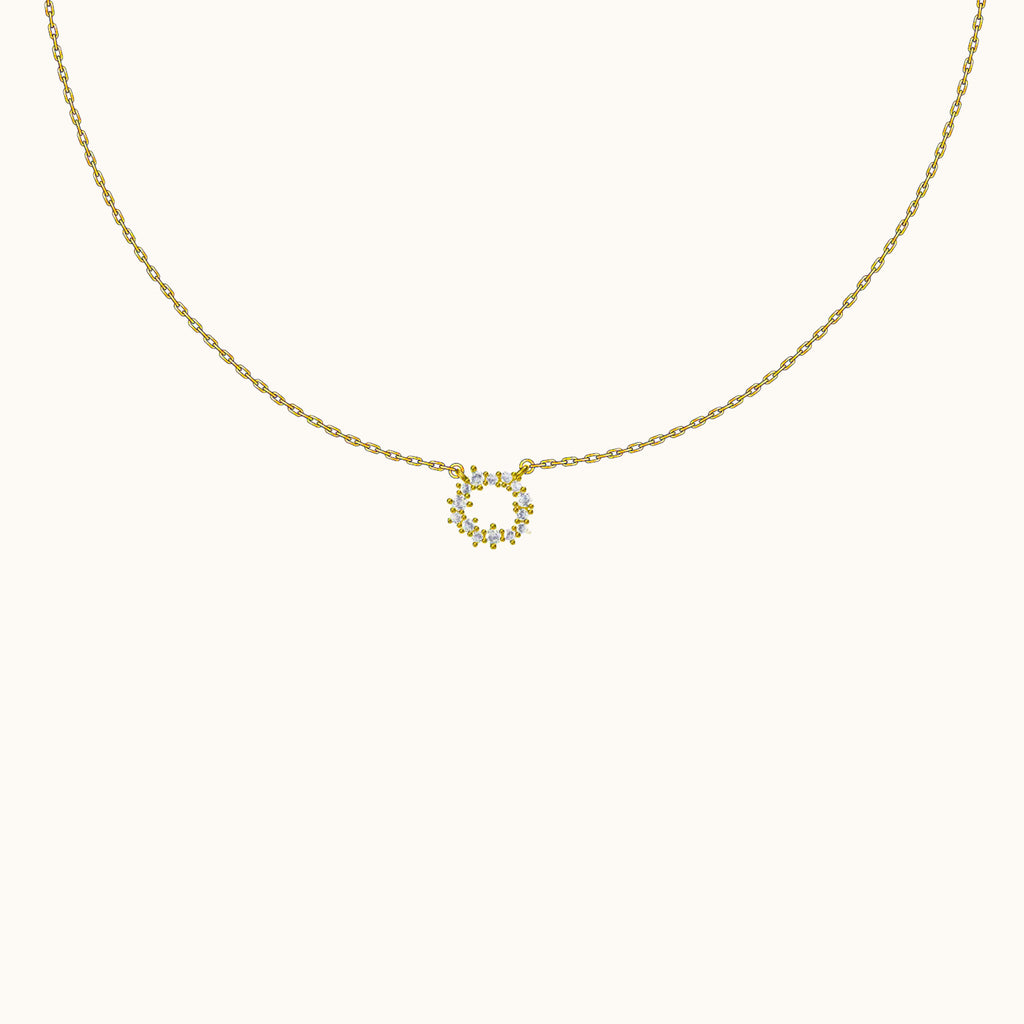Dainty Gold Circle Petite Charm Dangle Round Pendant Floral CZ Necklace by Doviana
