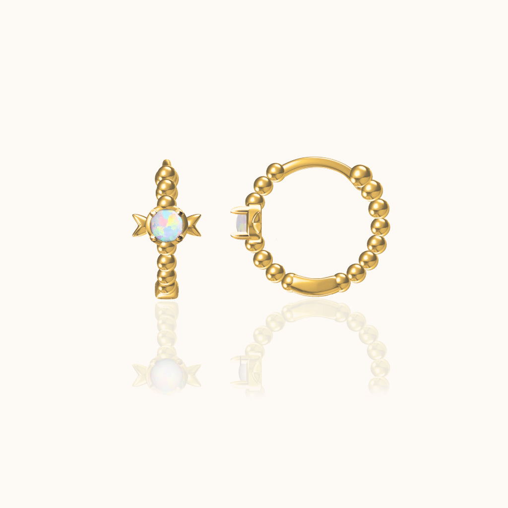 Delicate Natural Gold Gemstone Huggie Hoops Gem Bow Opal Hoop Earrings by Doviana