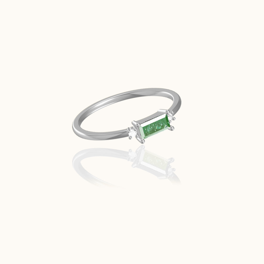 925 Sterling Silver Slim Band Stacker Delicate Solitaire Emerald Cut Green CZ Ring by Doviana