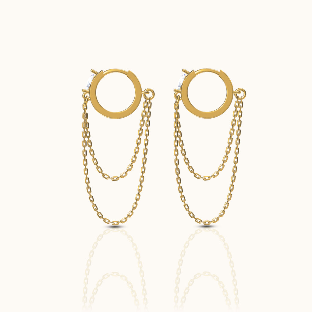 Beautiful Gold Double Layered Tassel Chain CZ Huggie Hoop Dangle Earrings by Doviana