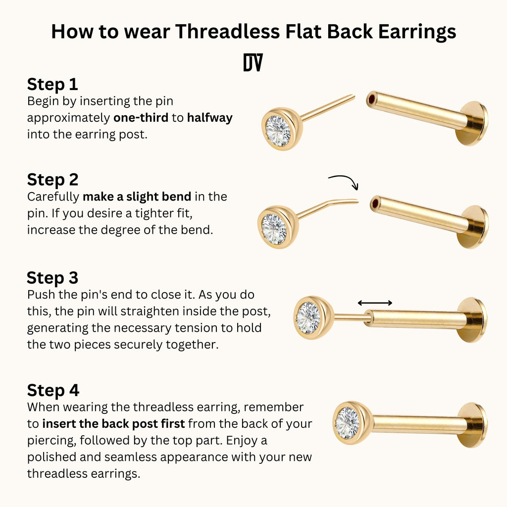 How to wear Threadless Flat Back Earrings Step by Step Guide Push Back Stud Nap Earring by Doviana