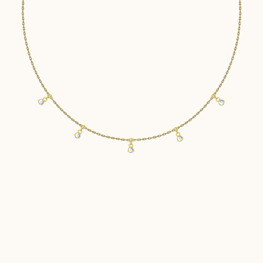 White Gemstone Embellished Charm Dangle Gold Dainty CZ Drop Necklace by Doviana