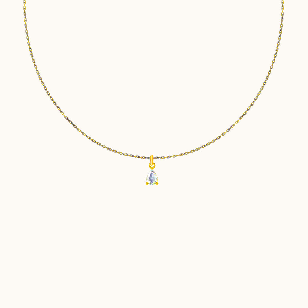Gemstone Charm with Gold Cable White Oval CZ Waterdrop Pendant Necklace by Doviana
