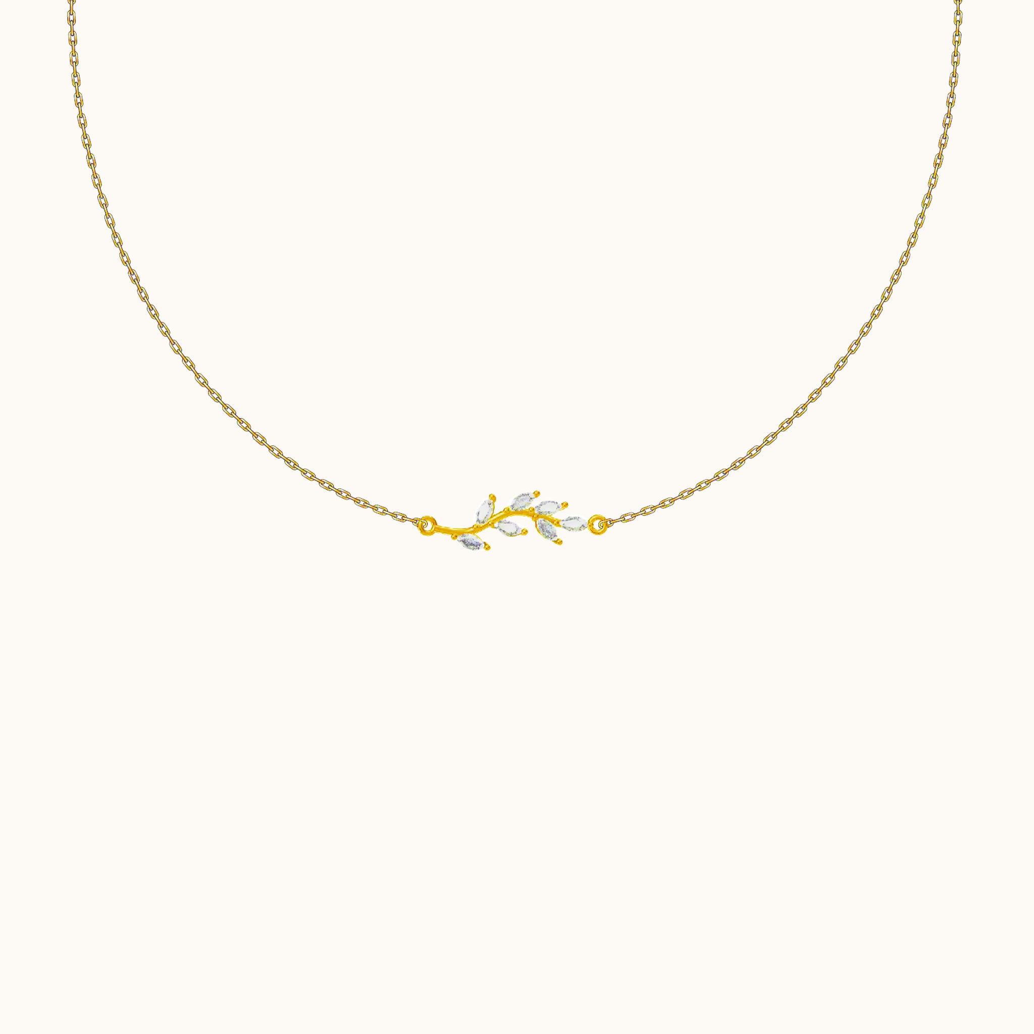 Plant Leaf Gemstone Charm Gold Cable Chain White CZ Leaves Necklace by Doviana
