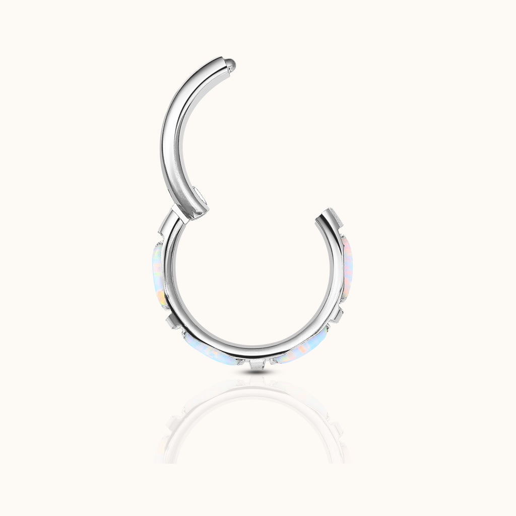 Opal Bezel Set Gemstone Clicker Titanium Silver Hinged Nap Hoop Earring by Doviana