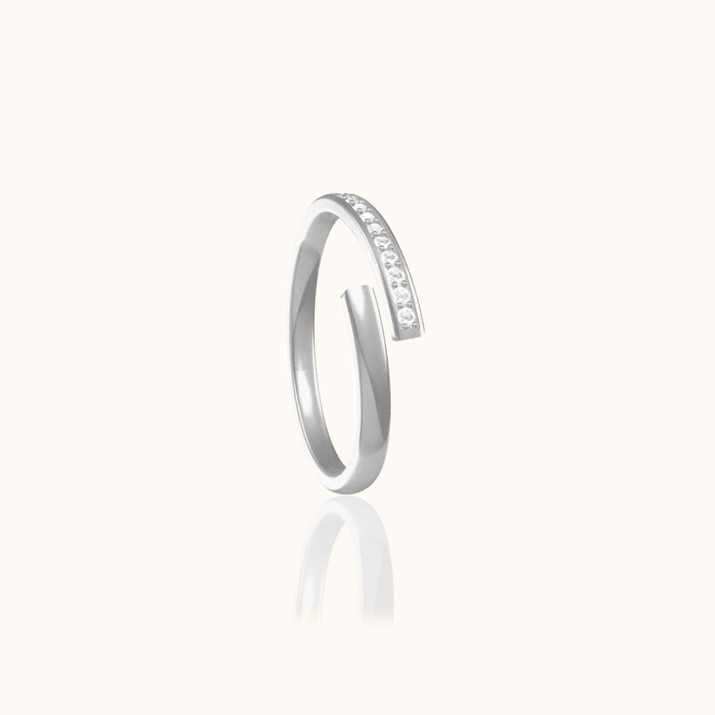 Essential Stacking Thick 925 Sterling Silver Band Adjustable Overlap CZ Ring by Doviana