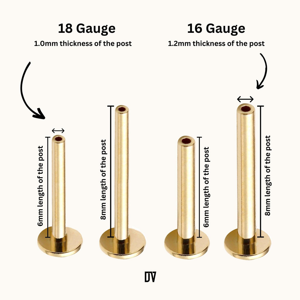 Pvd gold titanium flat back posts in 18 Gauge vs 16 Gauge in 6mm or 8mm