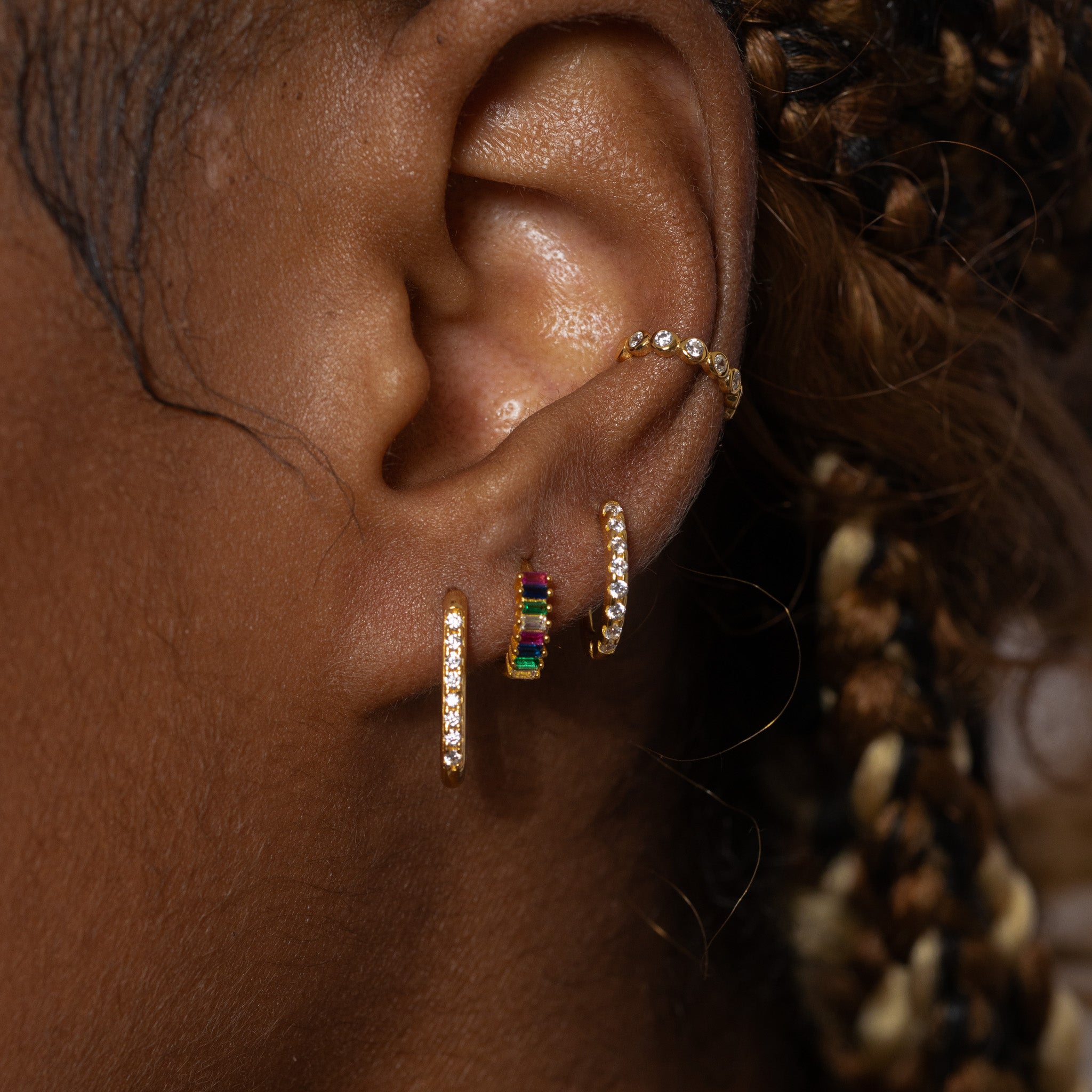 Rainbow Colored Baguette CZ Pave Huggie Hoops Earrings Best Gay Gift by Doviana