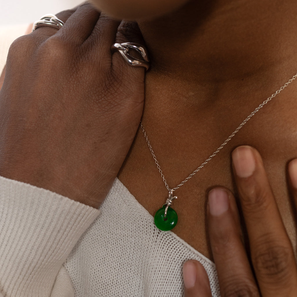 Sterling Silver Knot Necklace with Green Jade