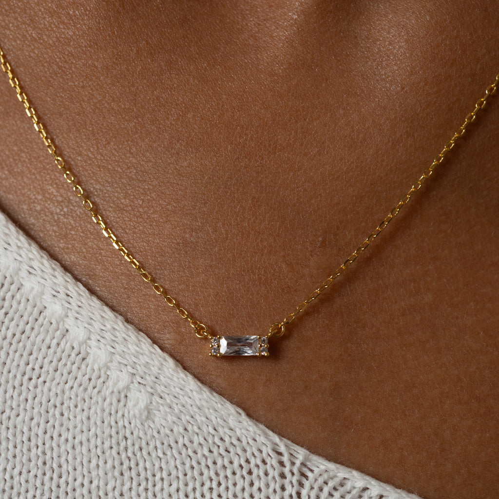 Stacking CZ Pave Layered Gold Bar Square Necklace with White Gem by Doviana