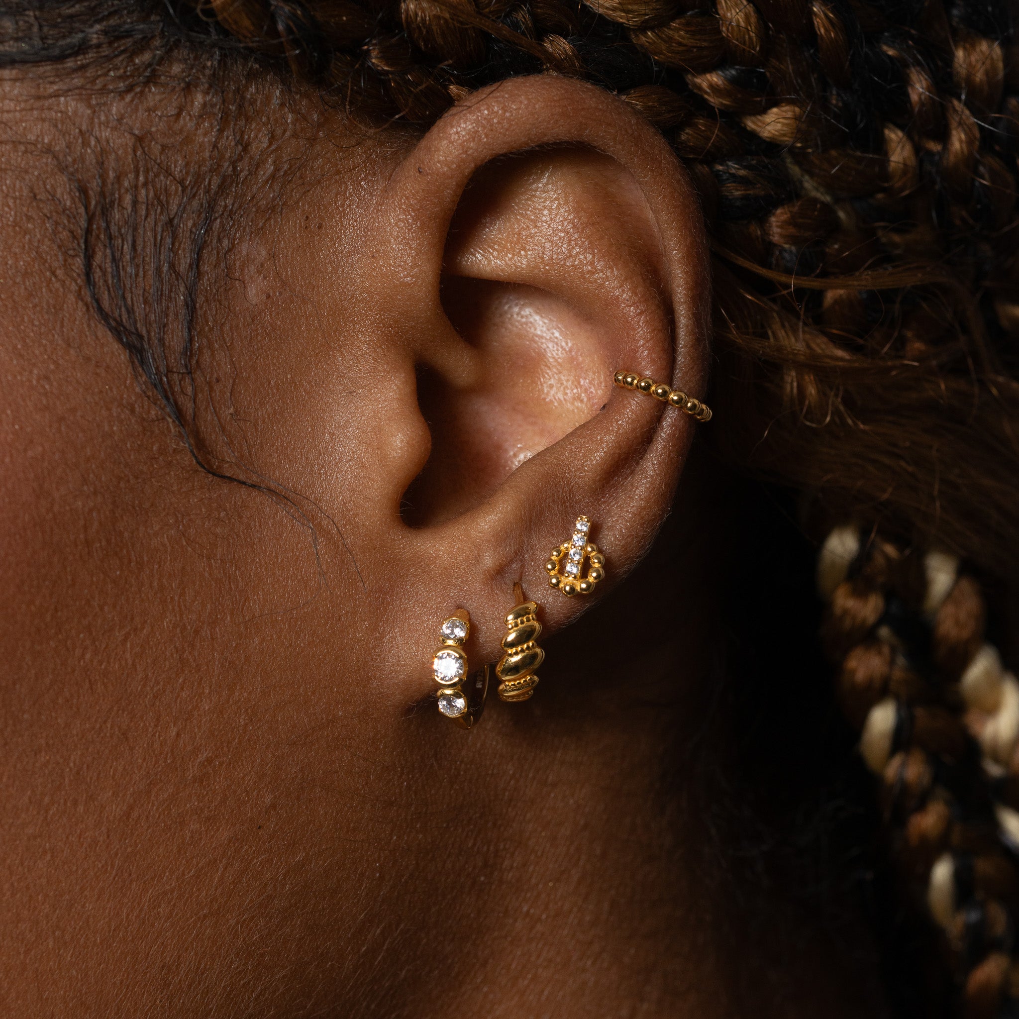 Gold Petite 3 Diamond Crystal Cluster Huggie Triple CZ Hoop Earrings by Doviana