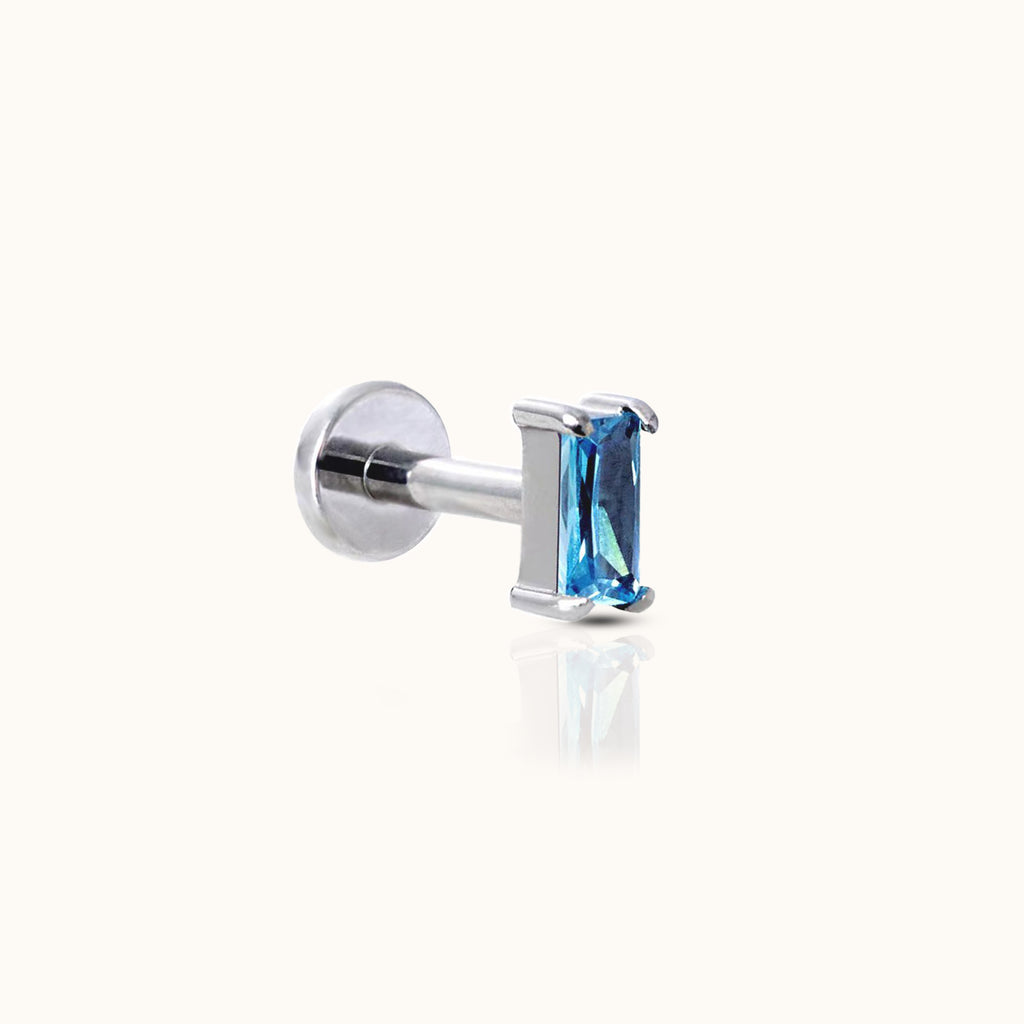 Rectangle Aquamarine Blue CZ Threadless Labret Titanium Flat Back Nap Earring by Doviana