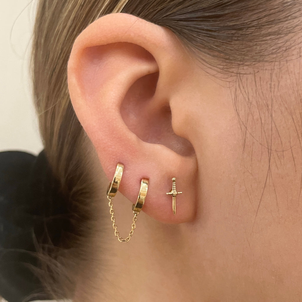 14K Solid Gold Dainty Double Hoop Chain Earring