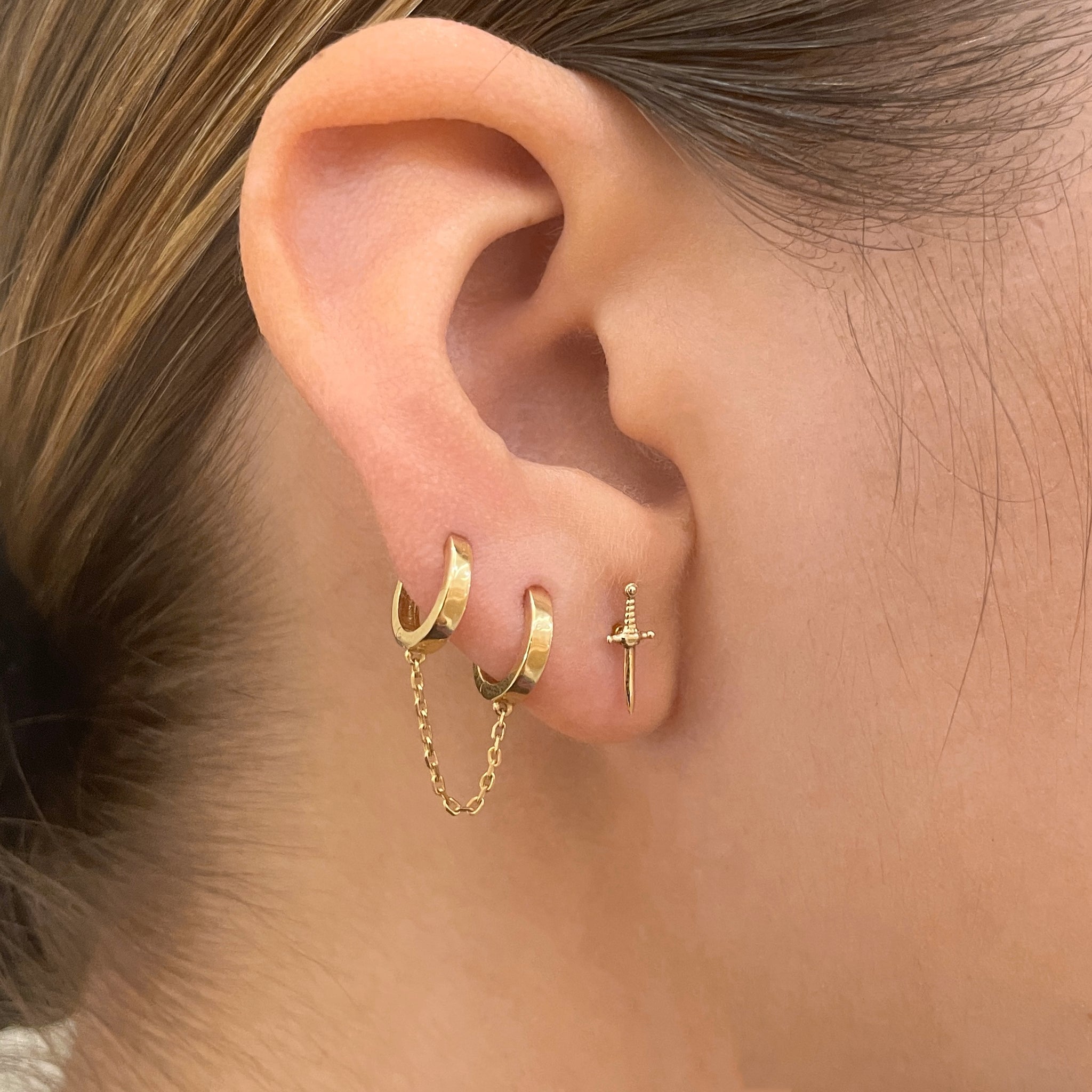 14K Solid Gold Dainty Double Hoop Chain Earring
