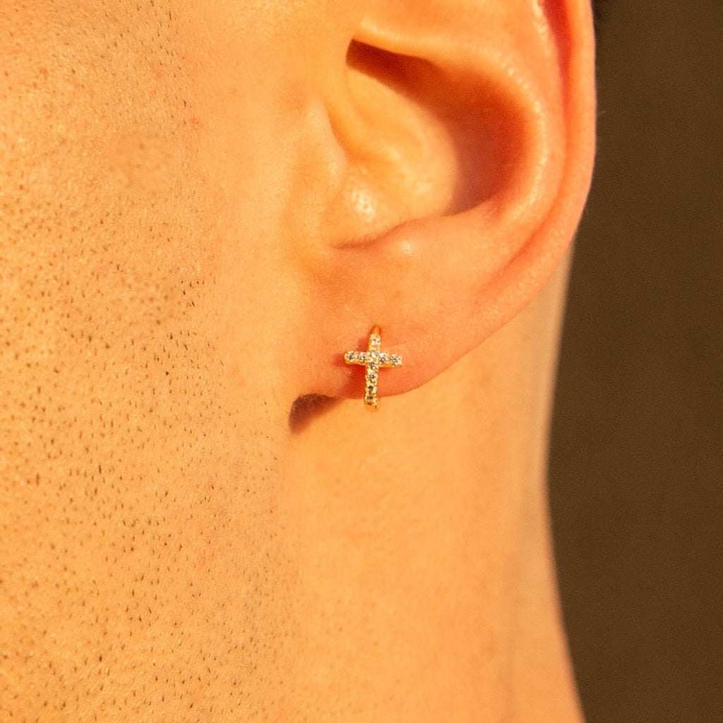 Cross CZ Huggie Hoop Earrings Gold CZ Pave Tiny Petite Studded Cross Hoops by Doviana